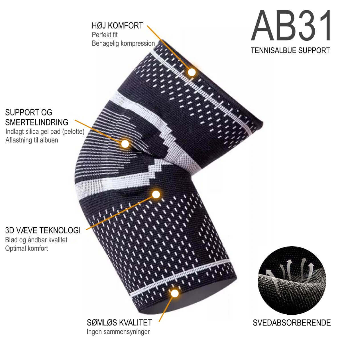 Albuebandage med kompression og gel. Bedste støtte og aflastning mod smerter fra skader, overbelastning, tennis- og golf albue. Optimal støtte til venstre albue ved træning. Køb albuebind AB31 til sport og hverdag, 4 str. sort.