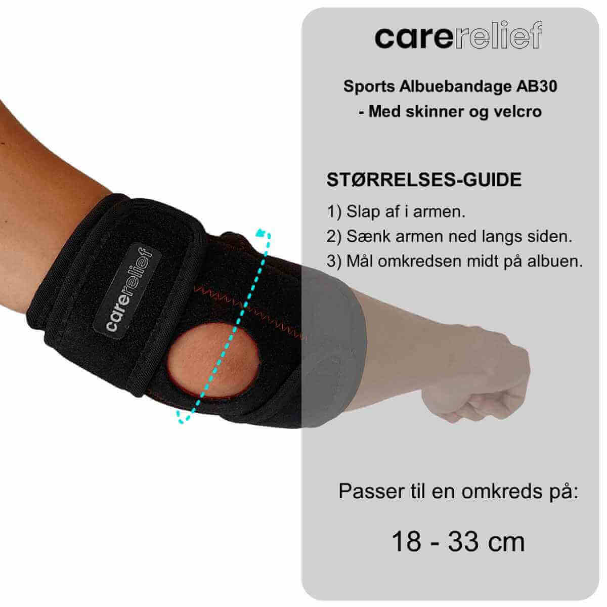Albuebind i soft neopren med skinner/stålfjedre, justérbart, universal. Køb justerbart albue støttebind AB30 til overbelastet albue, slidgigt og musearm hos Carerelief.dk.