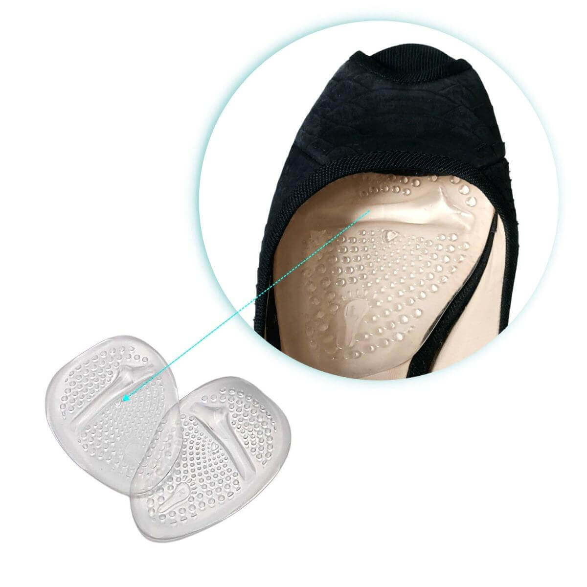 Forfodsindlæg i soft gel lindrer en øm trædepude under forfoden, 2 stk. trykaflastende indlægssåler med selvklæb til sko, støvler og sandaler. Køb 2 stk. gel forfodssåler her!