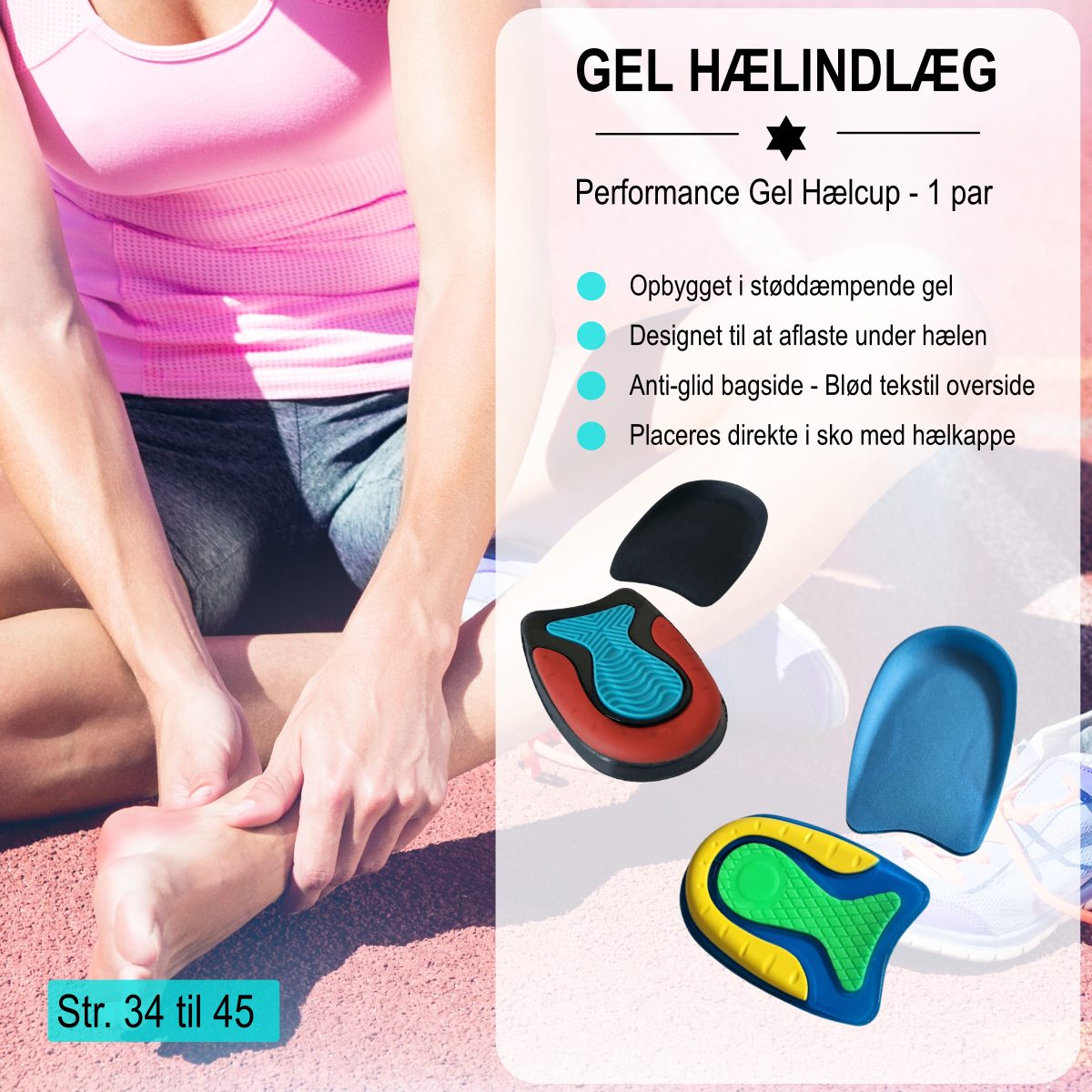 Hælindlæg i gel absorberer stød og aflaster hæl, akillessene og svangene ved løb og gang. Køb 2 stk. indlæg til hæl og akillessene til dine sko billigt hos Carerelief.dk