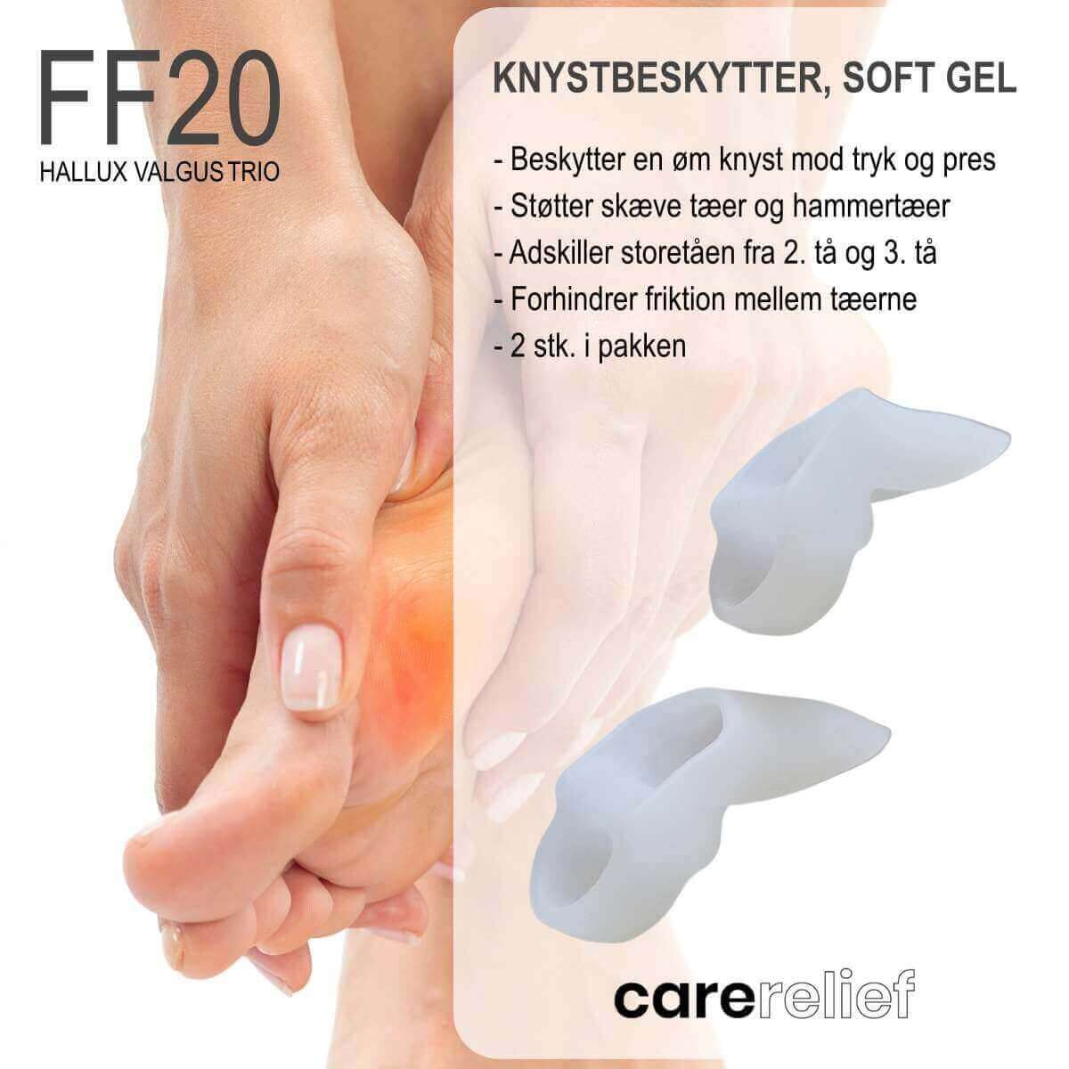 Hallux Valgus duo knystbeskytter i silikone gel beskytter knyster, og støtte til skæv storetå og hammertå. Køb komfortabel tåspreder med 2 huller mod smerter i tæerne billigt hos Carerelief.