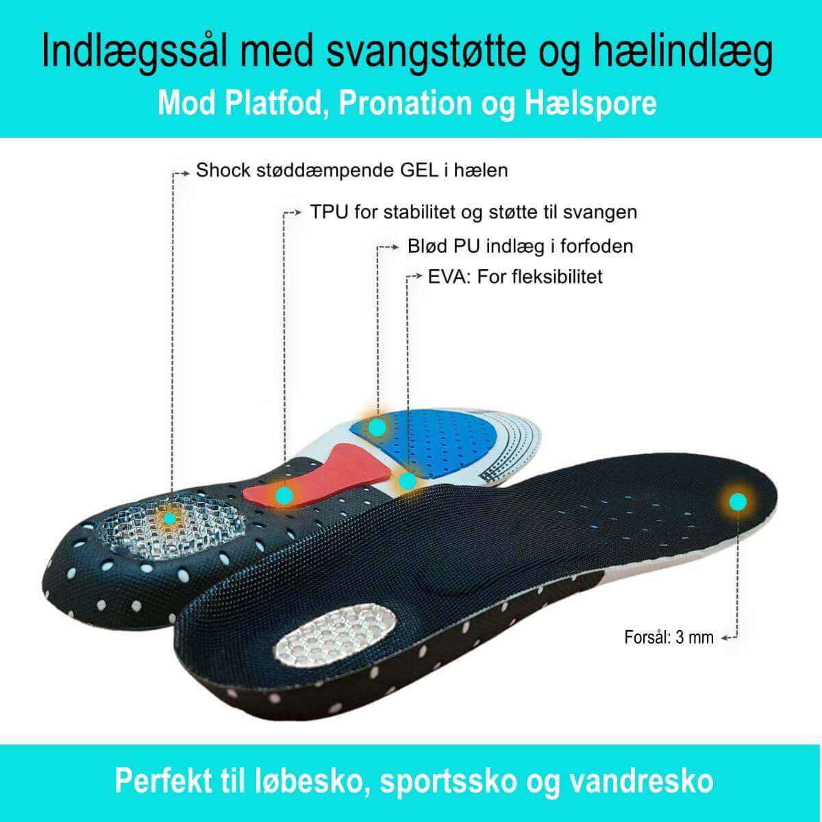 Indlægssål med svangstøtte og gel hælspore indlæg, 2 stk. Ultralet indlæg til sko ved platfod, pronation, hælspore og akillessenebetændelse. Køb 1 par såler til løbesko og vandresko hos Carerelief.dk.