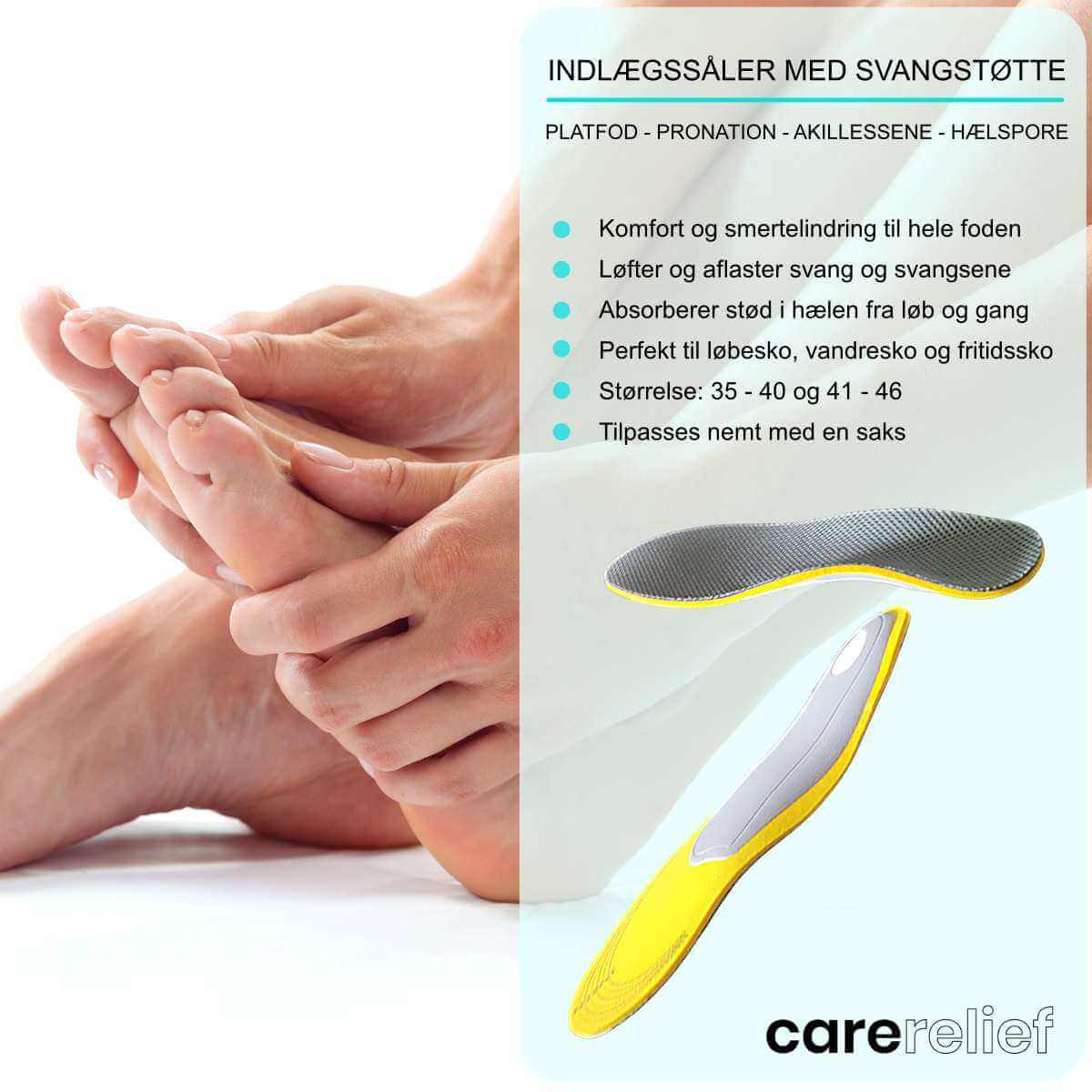 Ultralette indlægssåler med svangstøtte og foam i hælen. Indlægget støtter svangen ved platfod og pronation. Absorberer stød i hælen fra hælspore. Køb 1 par såler til sko i str. 35 til 46 billigt her