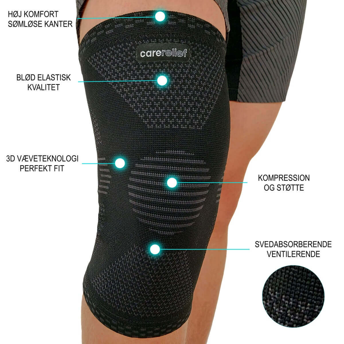 Knæbind med kompression og støtte mod smerter fra skader og overbelastning i knæet, 4 str, sort. Yder god knæstøtte ved løb og sport. Køb åndbar knæ bandage KN20 til børn og voksne her!