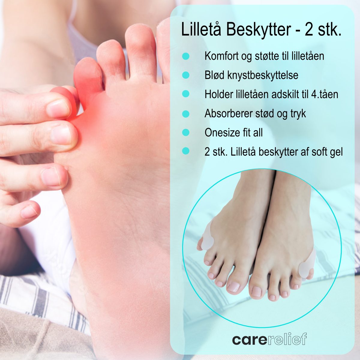 Lilletå beskytter af silikone gel lindrer smerter og ubehag i knyster på lilletåen. Køb 2 stk. tåspreder til lilletåen billigt online hos Carerelief.dk.