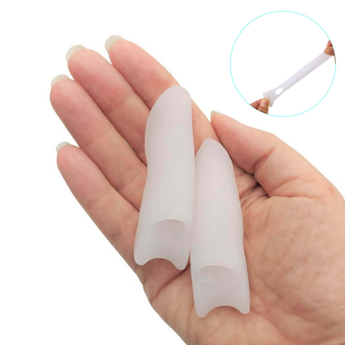 Lilletå beskytter af blød gel lindrer smerter i knyster på lilletå ved pres fra sko.  Køb 2 stk. lilletå beskyttelse med tåspreder billigt online hos Carerelief.dk.