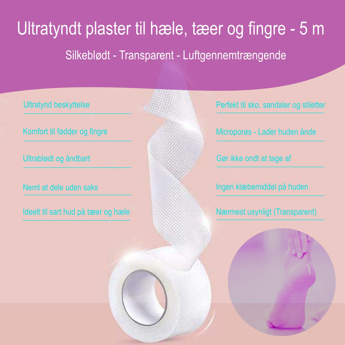 Blødt plaster tape på rulle beskytter sart hud mod vabler, sår på hæl, tæer, finger, fingre fra slid, pres og friktion. Køb 5m ultratyndt, allergivenligt og åndbart vabelplaster billigt hos Carerelief.dk