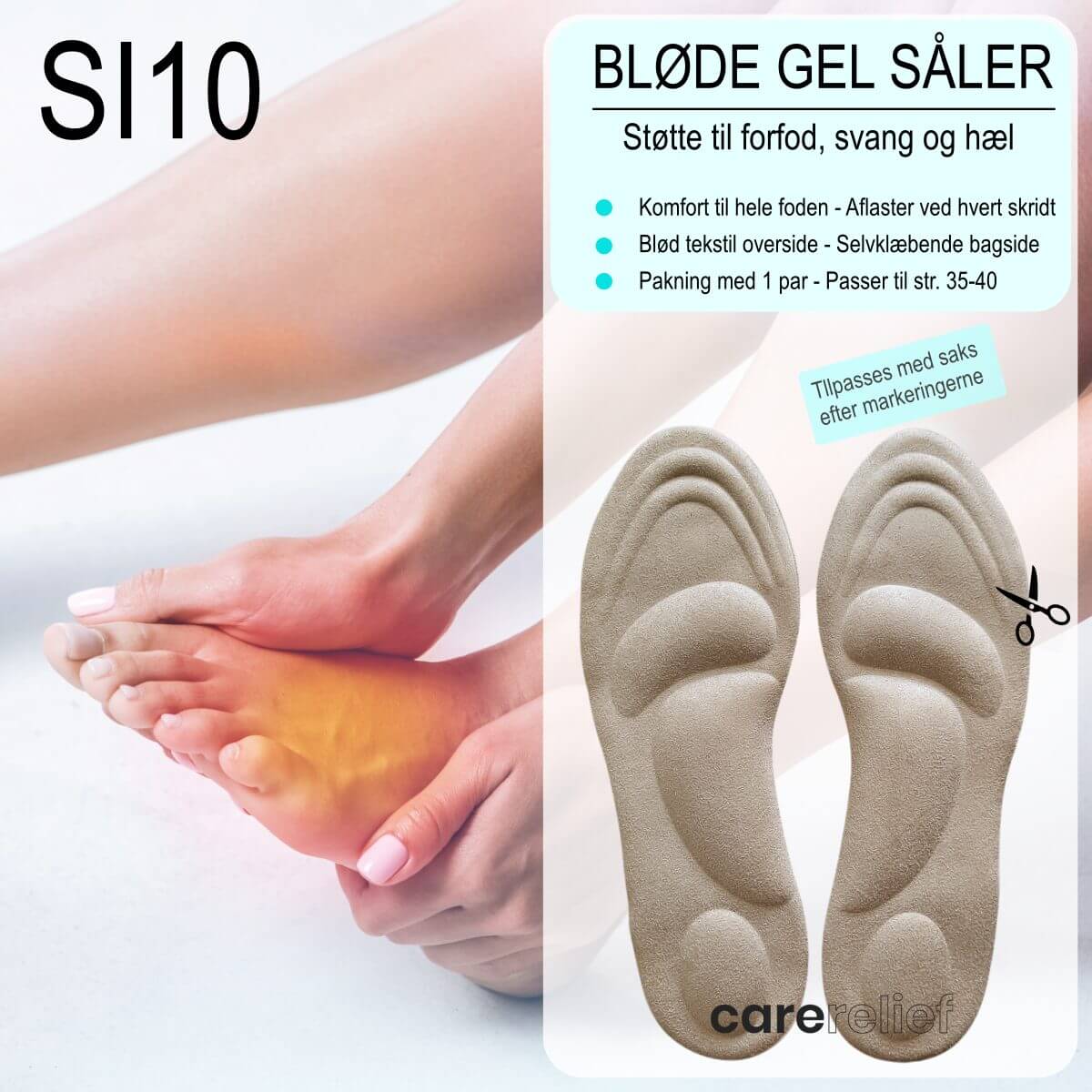 Bløde såler af gel med svangstøtte, forfodsstøtte, og hælstøtte. Køb 1 par silikone gel indlægssåler med støtte til forfod, svang og hæl, str. 35 til 40 online hos Carerelief.dk.