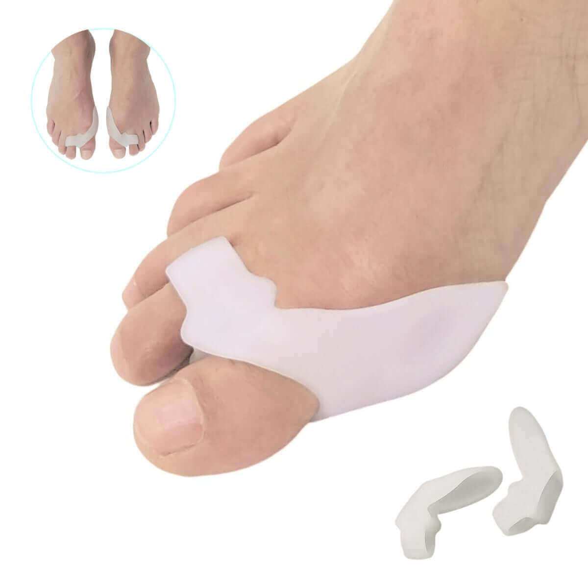 Knystbeskytter med tåspreder til 2 tæer af blød silikone gel lindrer smerter  i knyster, skæv storetå og hammertå. Køb 2 stk. Hallux Valgus Duo FF20 mod tryk og pres fra sko billigt hos Carerelief
