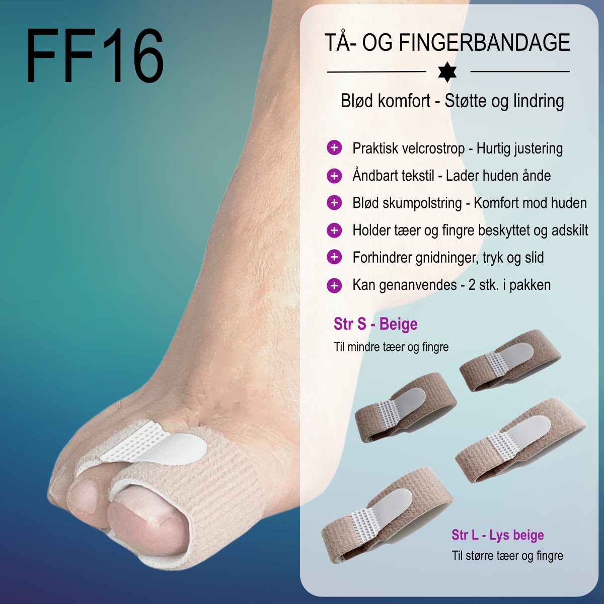 Tå og finger bandage med velcro, fås i str. S og L, 2 stk hos Carerelief.dk. Det er nemt at tage den på og af og til opbinding af skæv storetå, krumme, bøjede og krumme tæer, forstuvet eller brækket tå og finger. Bestil online her!