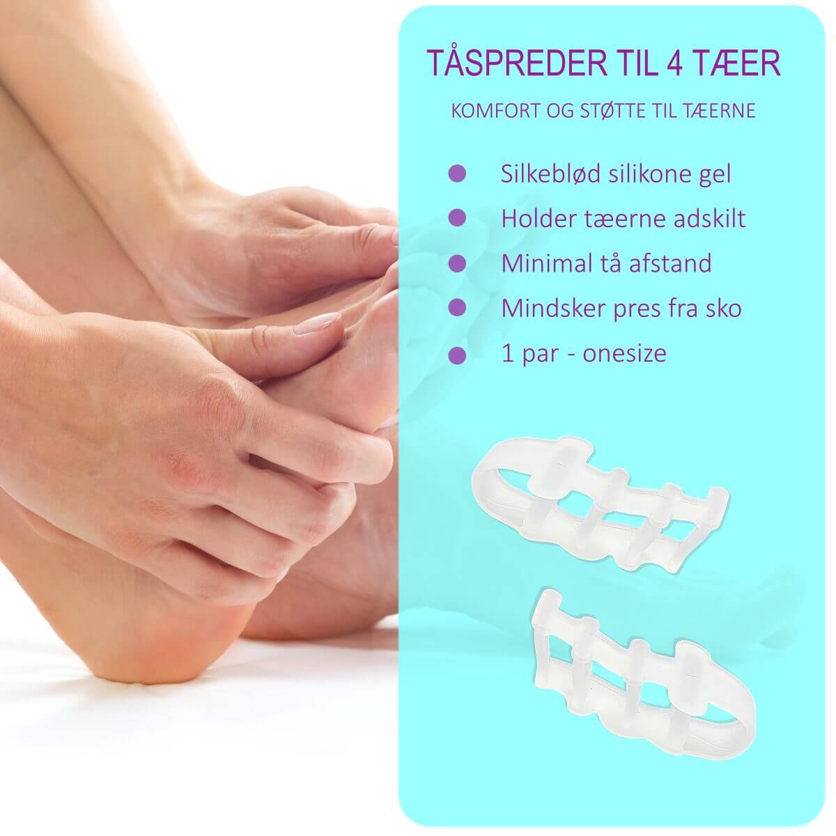 Silikone tåspreder 2 stk. Blød komfort og støtte til alle tæerne. Forhindrer friktion, gnidninger, tryk og pres fra sko. Køb 1 par silikone tåskillere med 4 huller (blød tå skinne) til skæve, overlappende og krumme tæer hos Carerelief.dk.