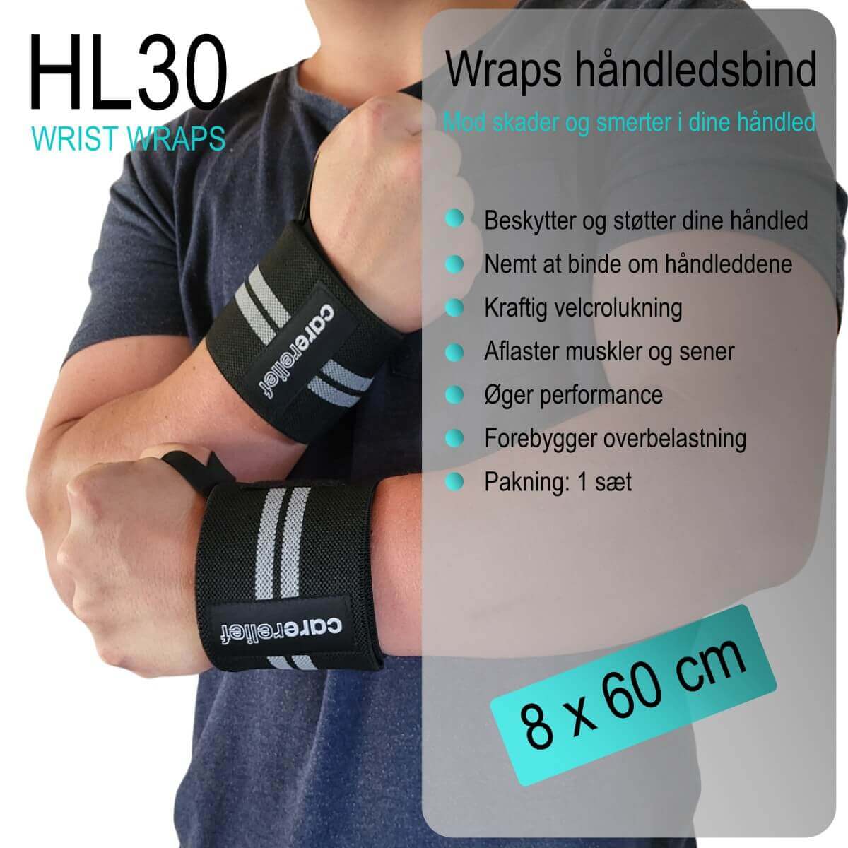 Wrist Wraps sæt HL30 hos Carerelief giver stabilitet og støtte til håndleddene ved træning og i hverdagen. Køb håndledsbind med håndledstøtte til sport (8 x 60 cm) hos Carerelief.dk.