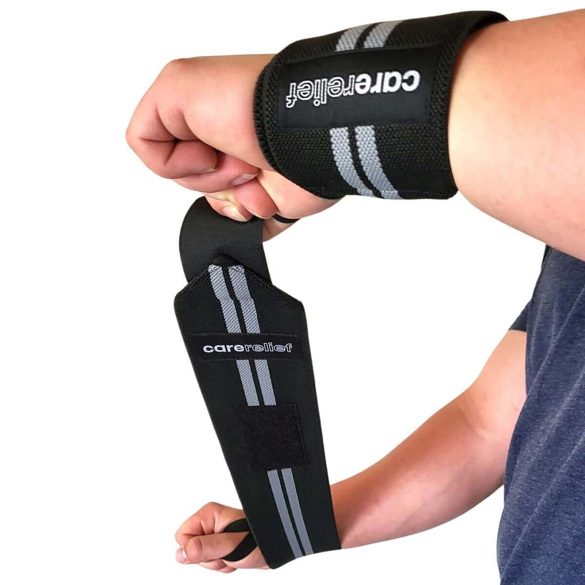 Wrist wraps sæt støtter dine håndled ved sport og træning med bænkpres og skulderløft, 60 cm, sort/grå. Køb 1 sæt wraps håndledsbind med håndledsstøtte mod smerter og skader hos Carerelief.dk