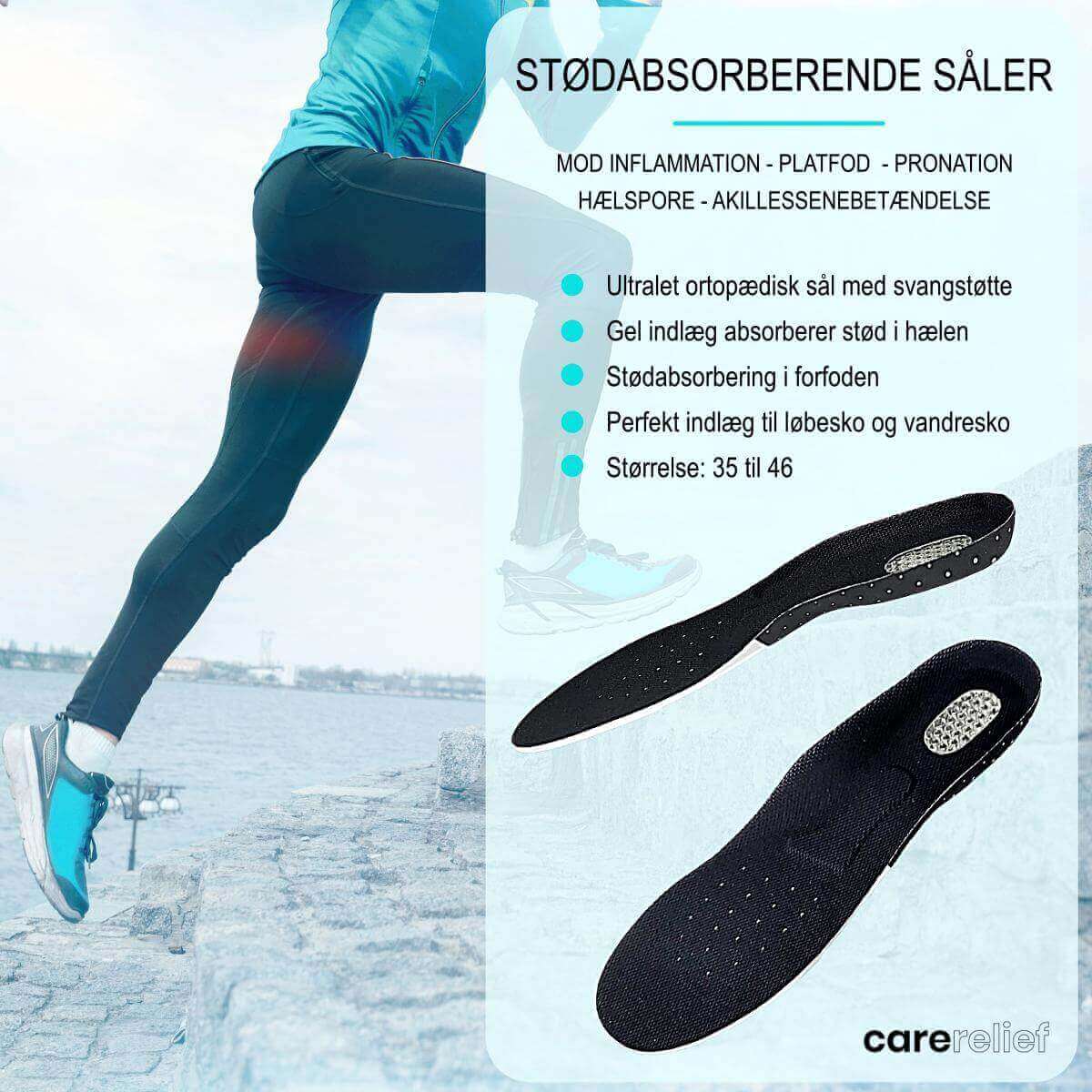 Ultralet Indlægssål med svangstøtte og gel hælspore indlæg til løb og vandring. Køb ortopædisk sål med støtte og aflastning ved platfod, pronation og akillessenebetændelse hos Carerelief.dk.