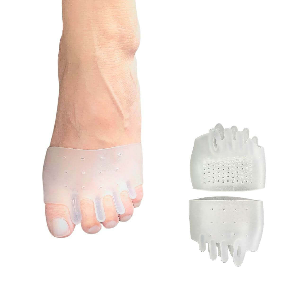 Tåspreder til 5 tæer med forfodsstøtte af blød silikone gel giver støtte og aflastning med lindring til skæve tæer, der overlapper og en øm og flad forfod.  Køb 1 par taaspreder til 5 tæer billigt hos Carerelief.dk.