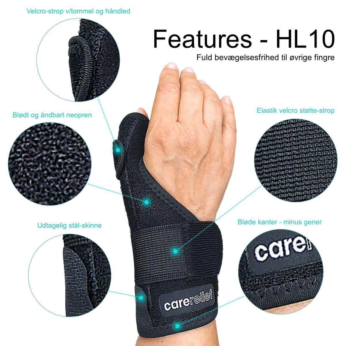 Få støtte til tommel og håndled ved smerter og skader. Køb kvalitets tommelfinger skinne og håndledsstøtte, one-size, sort - se features for tommelbandage HL10 - et støttebind fra Carerelief.