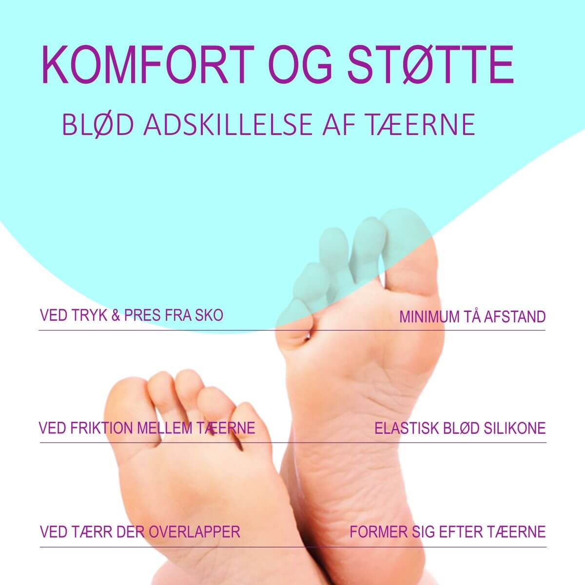 Tåadskiller til 4 tæer giver komfort og støtte til tæer, der overlapper eller er skæve. Køb 1 par silikone tåskiller med tåspreder til 4 tæer mod friktion, tryk og pres fra sko hos Carerelief.dk.