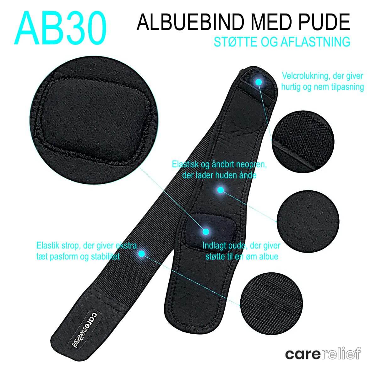 Justerbart albuebind af neopren med pude og velcro, giver støtte og aflastning til albuen ved tennis, golf, padel, sport, træning og i hverdagen. Køb albue støttebind AB30 hos Carerelief.dk.