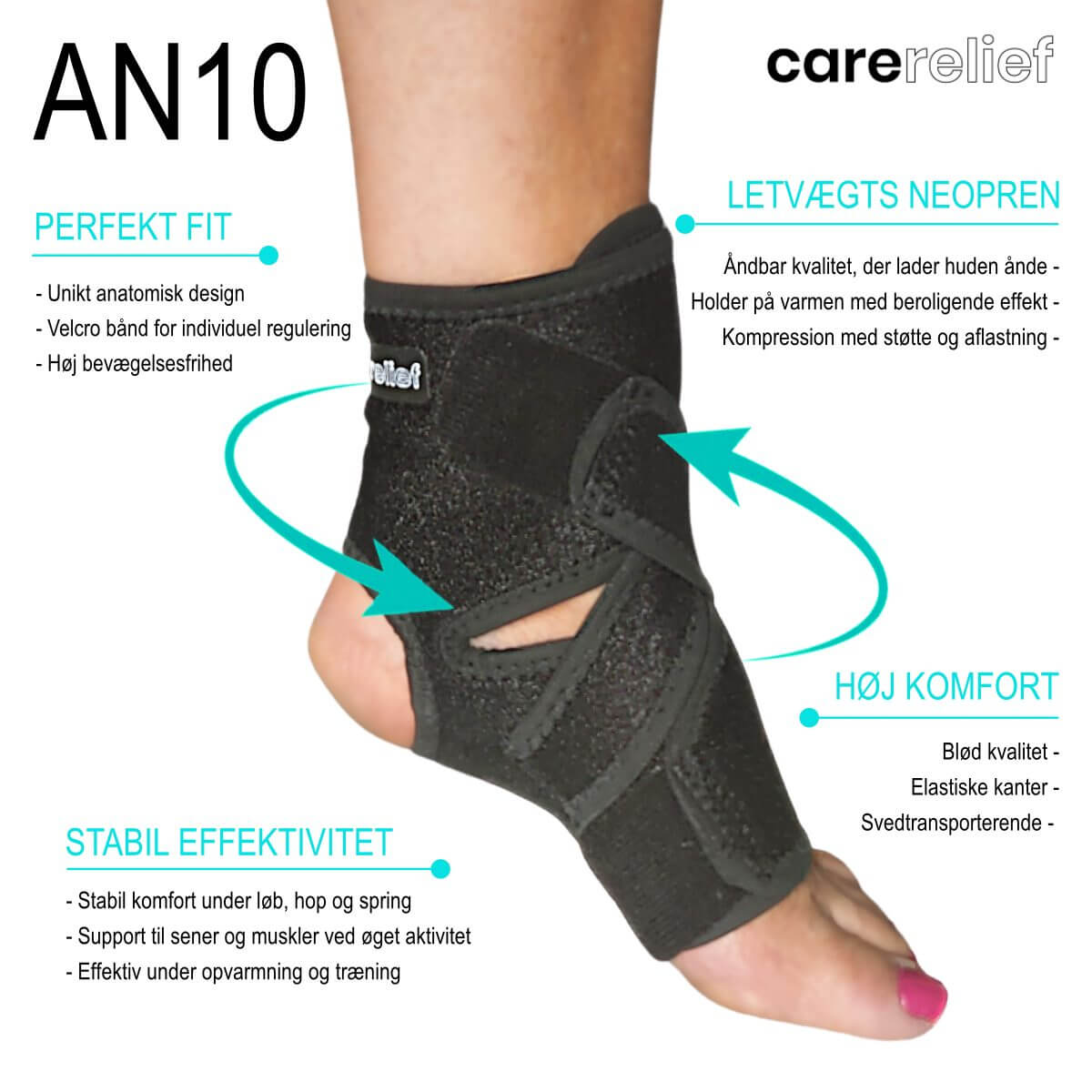 Justerbart neopren ankelbind med velcro AN10 fra Carerelief, giver stabil ankelstøtte og stabilitet. Køb åndbar letvægts ankelbandage, der beskytter ankel og fod ved løb og sport hos Carerelief.dk i dag.