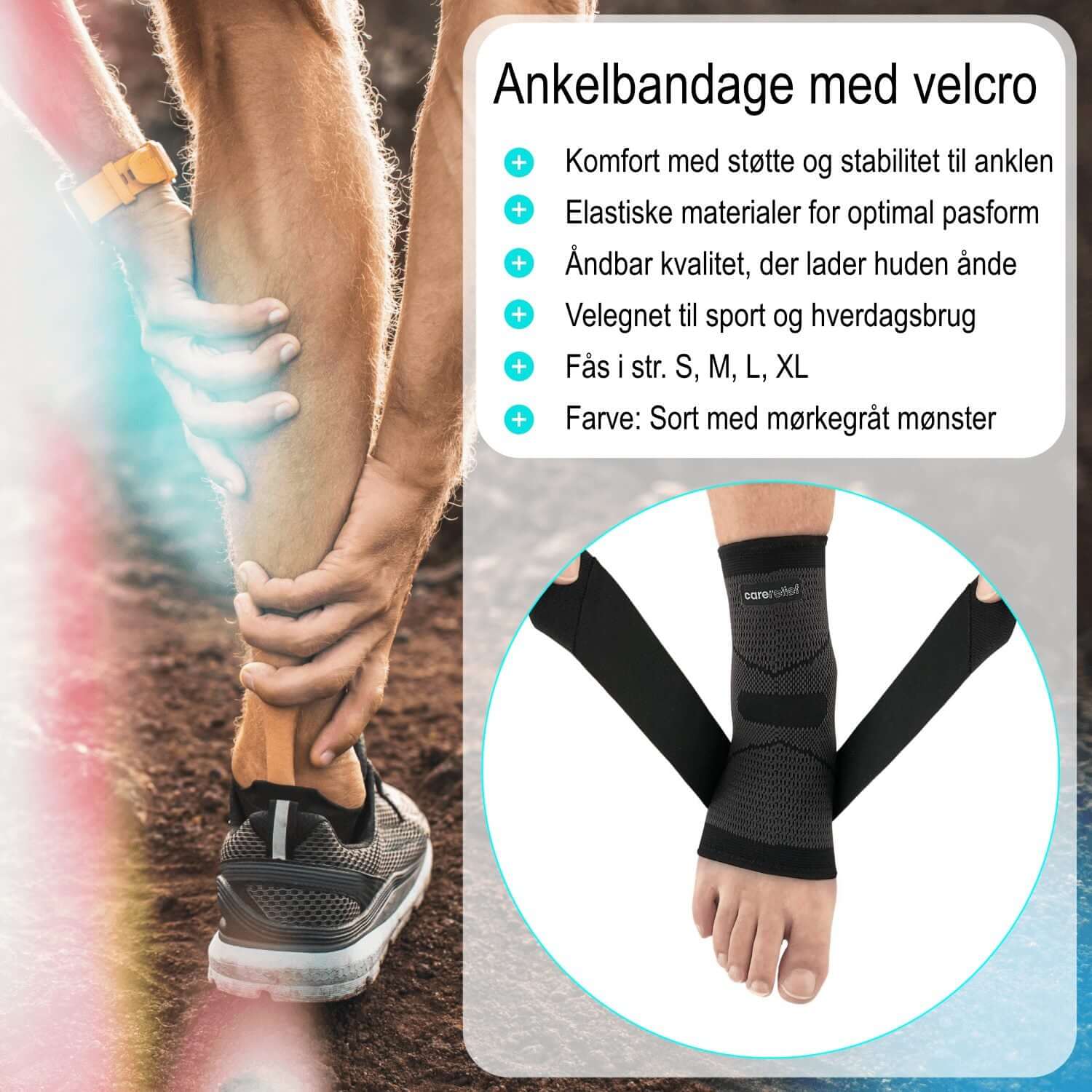 Blød ankelbandage med 2 elastik velcro stropper, sort/grå, str. S, M, L XL. Bestil kvalitets ankelbind med med stabilitet og ankelstøtte til en svag, skadet og forstuvet ankel AN30 hos Carerelief.dk. 