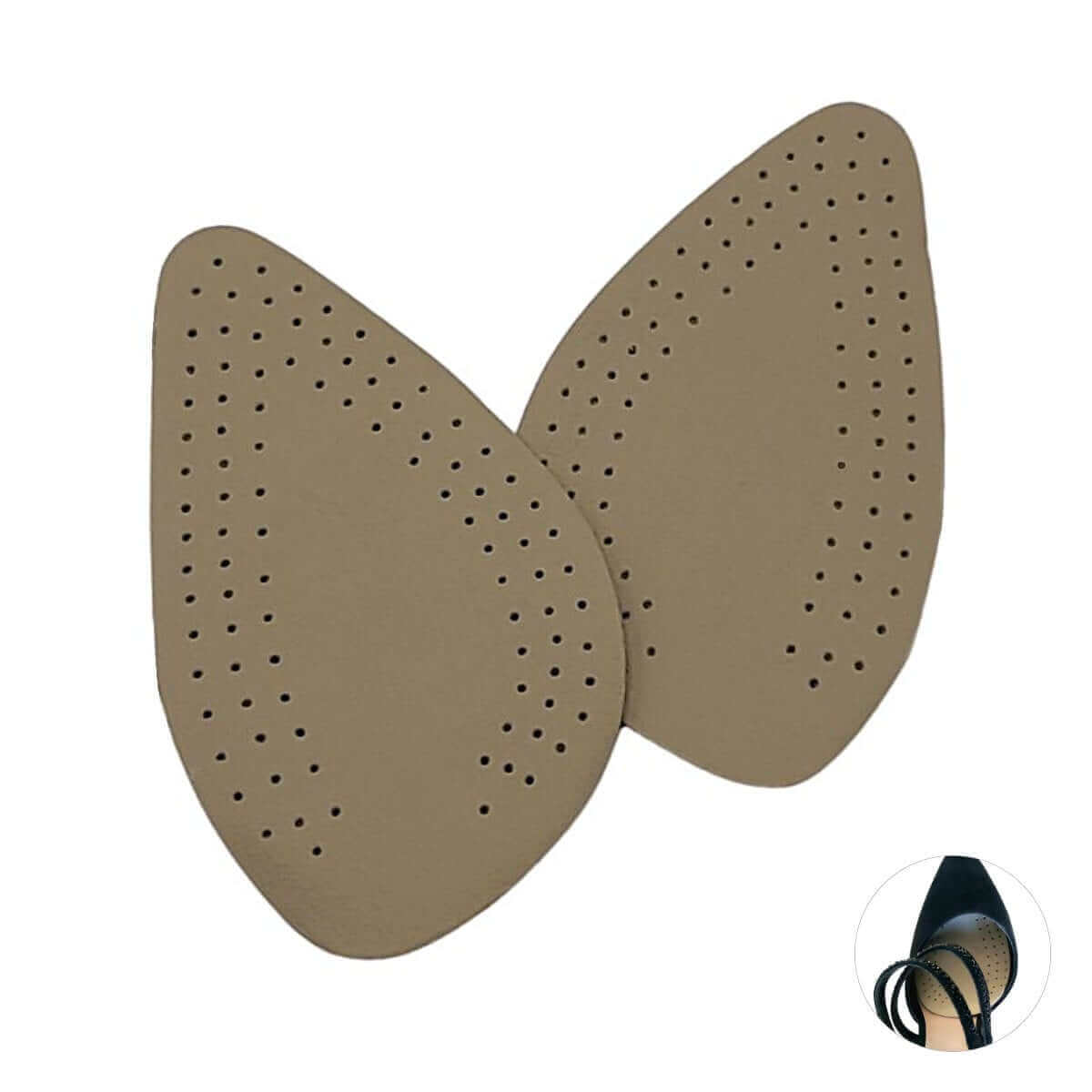 Forfodssåler i skind med skum pude under forfoden aflaster forfoden ved stød fra høje hæle og stiletter, 2 stk. Køb støddæmpede forfodsindlæg til højhælede sko billigt hos carerelief.dk.