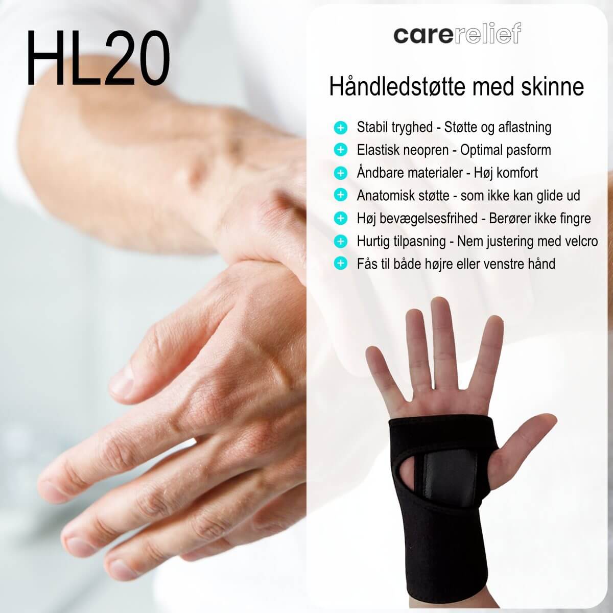 Håndledsstøtte med skinne HL20 designet til at give støtte og stabilitet. Køb elastisk og åndbar håndledsbandage med skinne til støtte af højre eller venstre hånd og håndled hos Carerelief.dk.