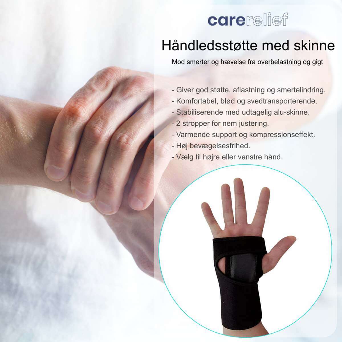 Håndledsstøtte med skinne og støtte HL20 lindrer smerter, efter en skade, ved sport og i hverdagen. Køb håndledsskinne til højre/venstre hånd billigt hos Carerelief.dk.