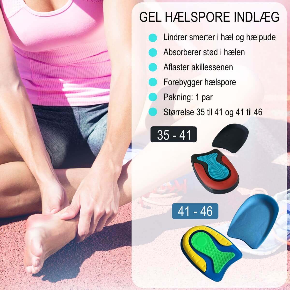 Hælspore indlæg i gel absorberer stød i hæl, hælpude og akillessene. Gel hælindlæg i str. 35 til 41 og 41 til 46. Køb gel såler til hælspore smerter hos Carerelief.dk