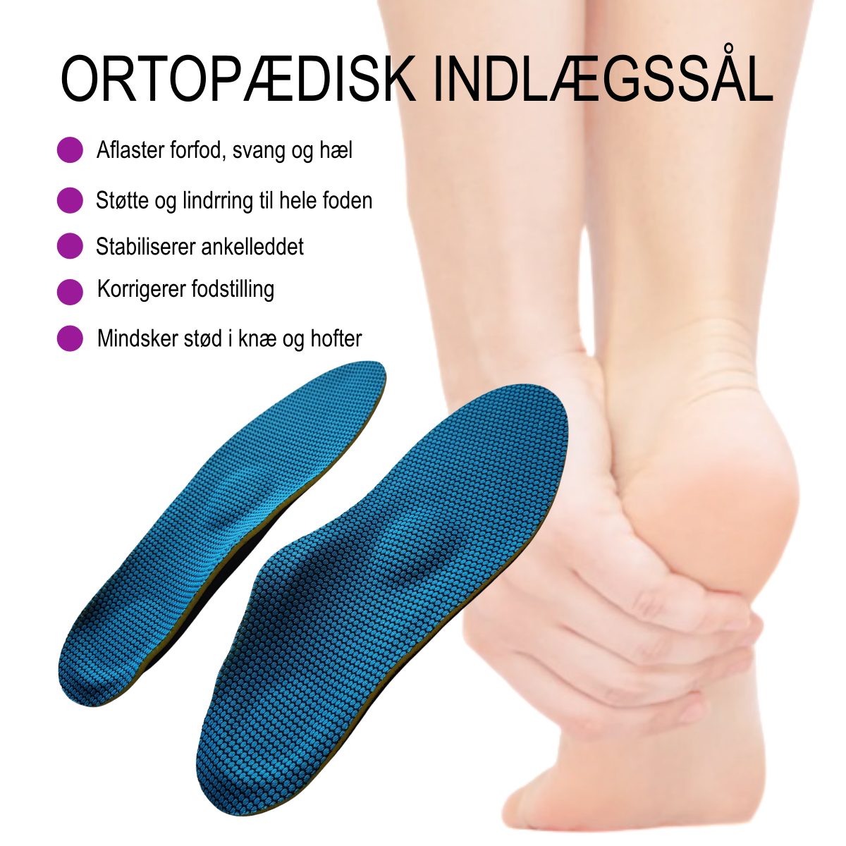 Køb indlægssåler med svangstøtte, pelotte og hælstøtte, der støtter og lindrer forfod, svang og hæl ved nedsunken forfod, platfod, pronation og hælspore hos Carerelief.dk.