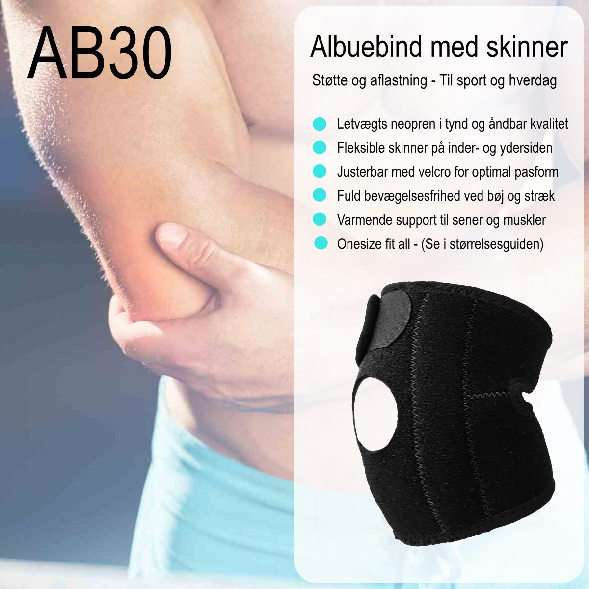Justerbart abuebind i neopren med skinner og velcro giver støtte og aflastning til en ustabil, svag, hævet og overbelastet albue. Køb åndbar letvægts albuestøtte bandage til sport, tennis og træning hos Carerelief.dk.
