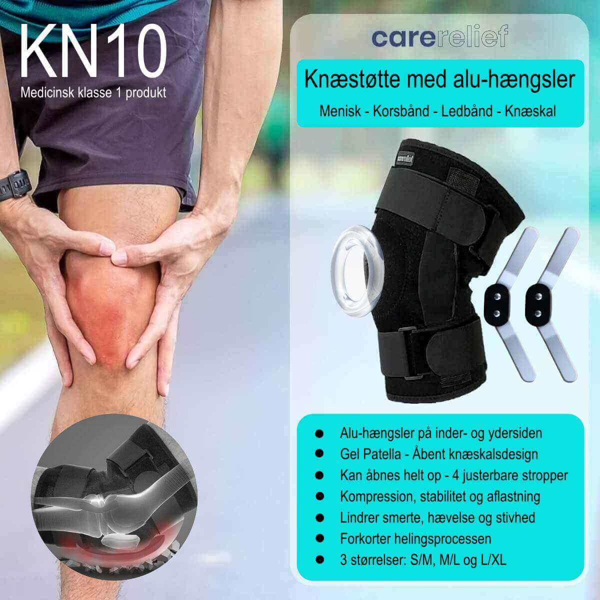 Knæbind til korsbånd og menisk, der støtter og smertelindrer knæet. Premium knæstøtte med hængsler og skinner forebygger knæskader og overbelastning og lindrer knæsmerter - KN10 Flex Carerelief.