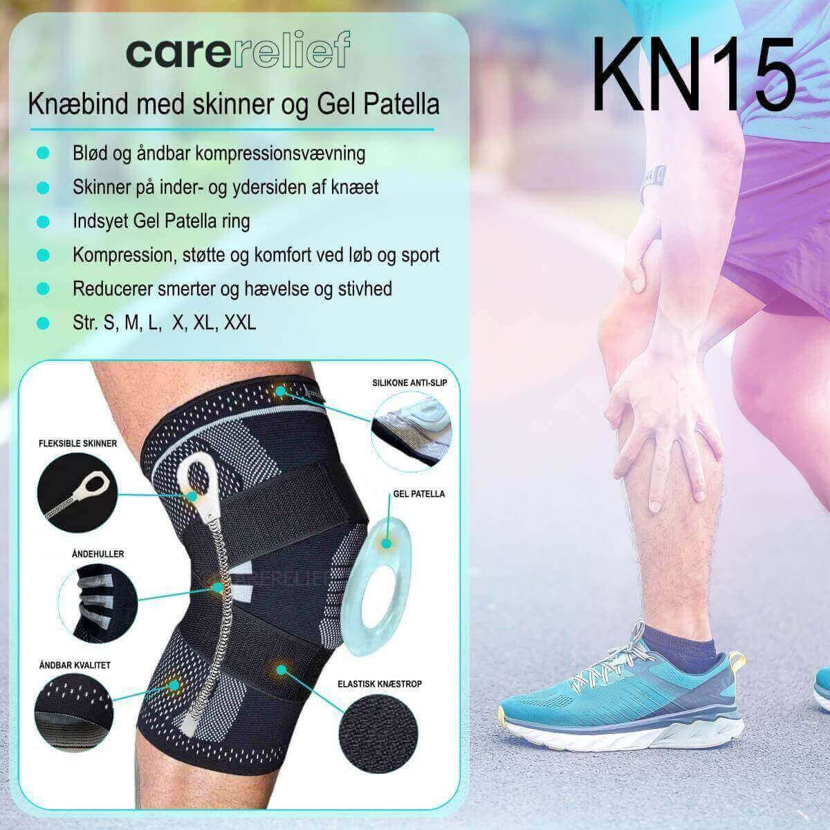 Stabiliserende knæbind med skinner KN15 Pro fra Carerelief. Silikone gel patella og elastisk knæstrop, bidrager med ekstra stabil støtte til knæ og knæskal ved løb, sport og i hverdagen.