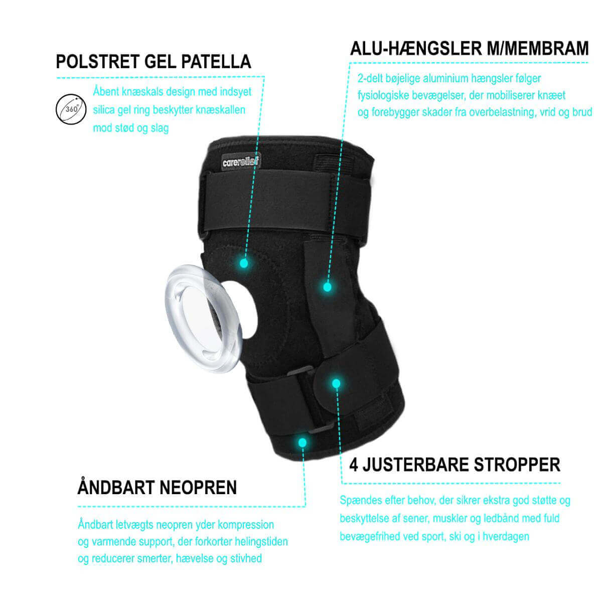 Justerbar knæstøtte med hængsler og skinner KN10 Flex fra Carerelief, stabiliserer, støtter og beskytter knæet ved sport, løb, håndbold, fodbold, træning, på skiferien og i hverdagen Køb premium knæstøtte str. S/M, M/L, L/XL hos Carerelief.dk