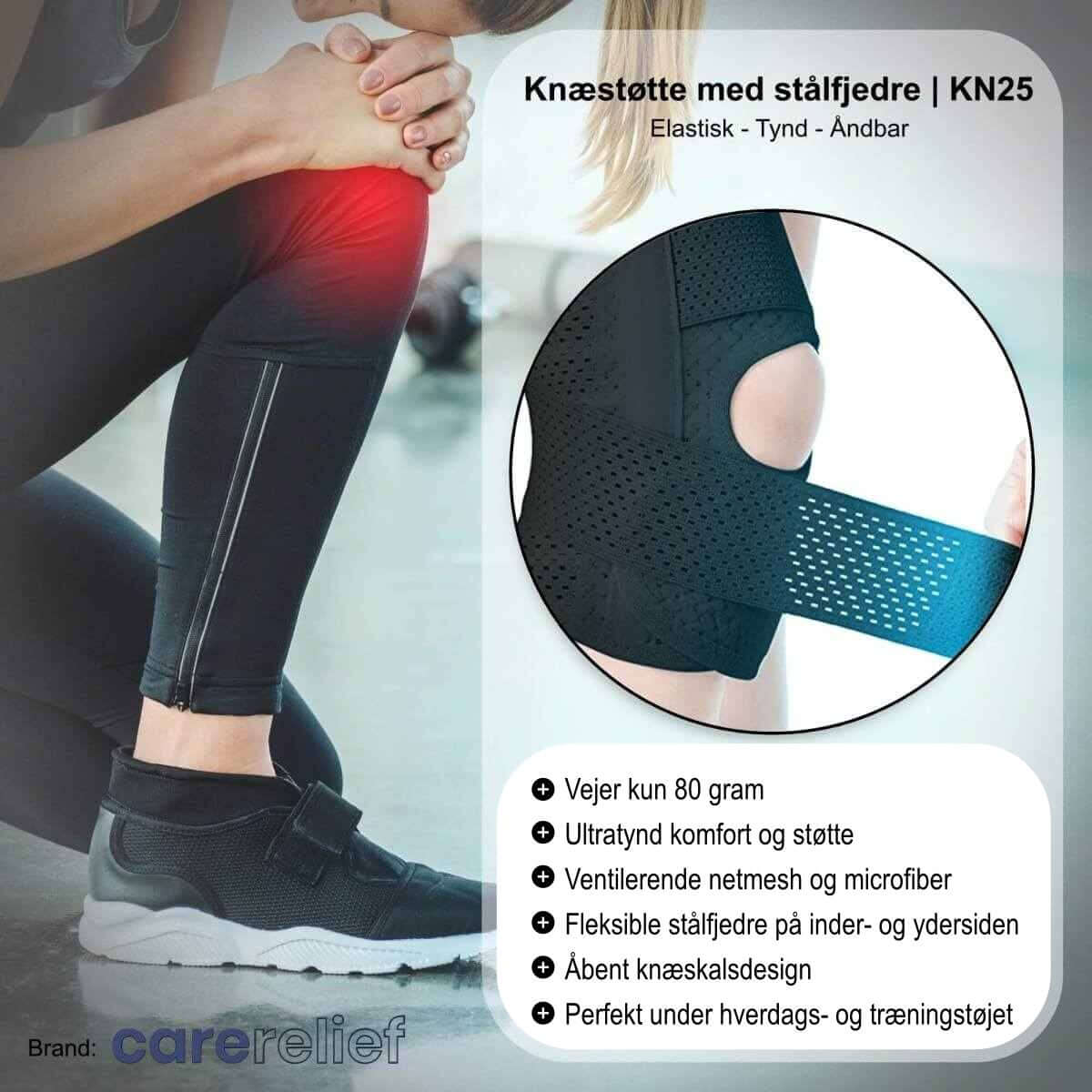 Knæstøtte med stålfjedre til et svagt og ustabilt knæ i 4 str. Køb slankt og åndbart knæbind KN25 hos Carerelief. Kan justeres og bæres under tøjet ved sport og i hverdagen.