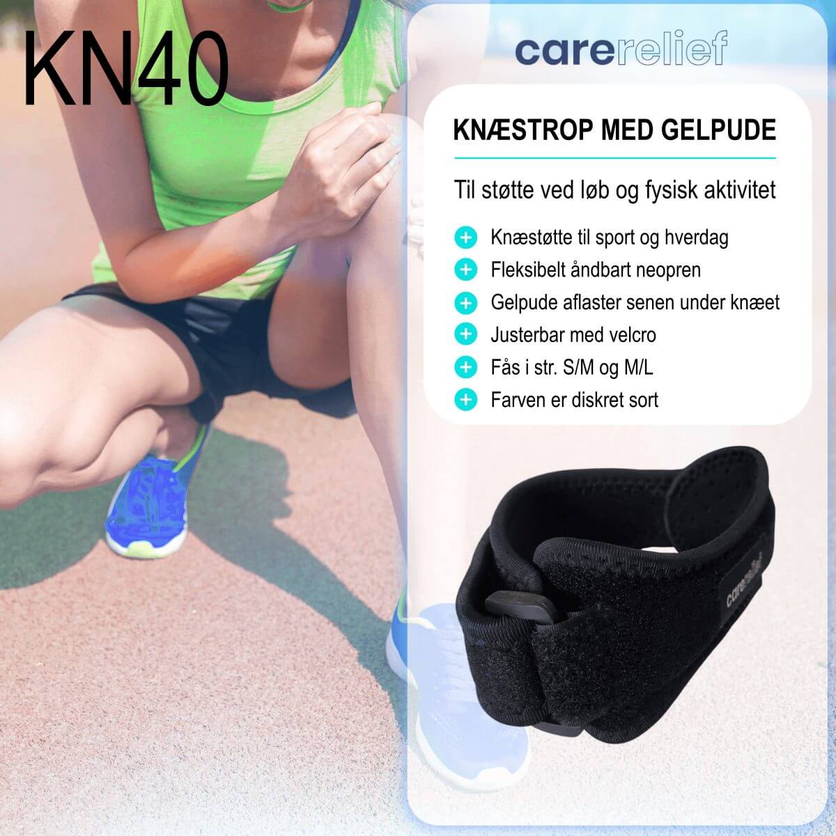 Knæstrop i neopren med gel pelotte giver støtte og aflastning til senen under knæskallen ved løb, sport og fysisk aktivitet. Køb justerbart knæbind med patella knæstøtte til løb og spring online.