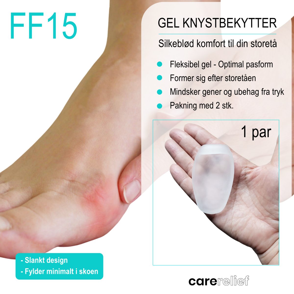 Tåspreder til storetå af silkeblød silikone gel beskytter knyst ved storetå mod tryk og pres, vabler, gnavsår og hård hud. Bedste ultrablød storetå beskytter hos Carerelief.dk. 
