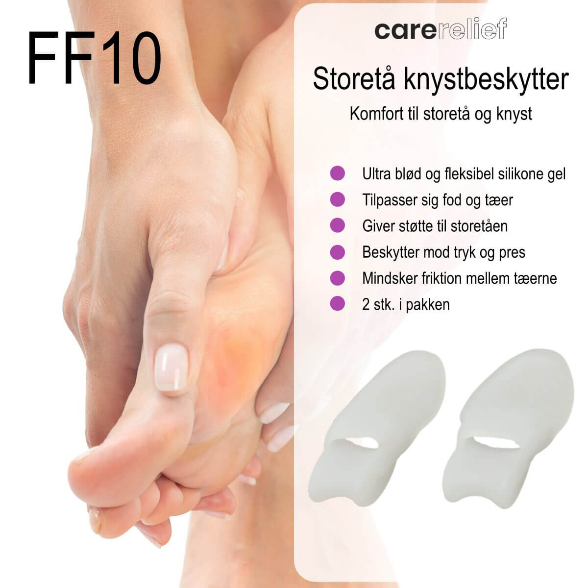 Silikone knystbeskytter med tåspreder giver komfort og støtte til storetå og beskytter knyster mod tryk og pres. Køb 1 par silikone tåskiller til lav pris hos Carerelief.dk i dag! 