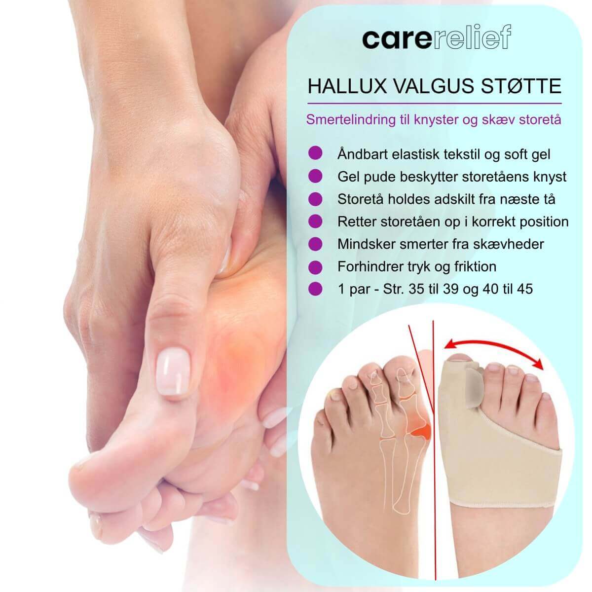 Blødt knystebind med gel tåadskiller mod smerter i knyster og storetå. Køb Hallux Valgus støtte mod gigt smerter i storetåled hos  Carerelief.dk.