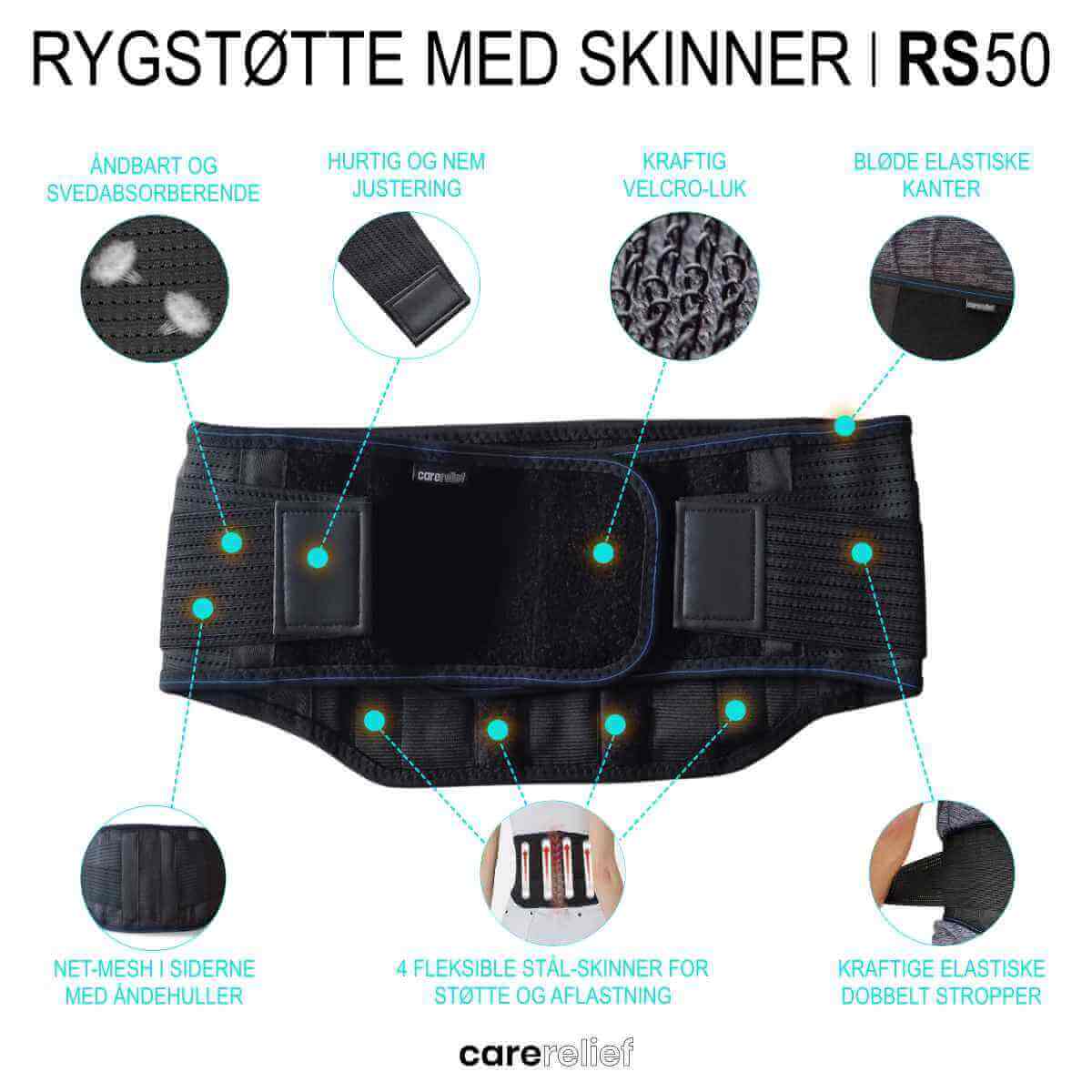 Lændebælte med fantastisk lændestøtte. Lændestøtte med skinne giver støtte og smertelindring. Ryg stoettebind - RS50 Flex - Carerelief
