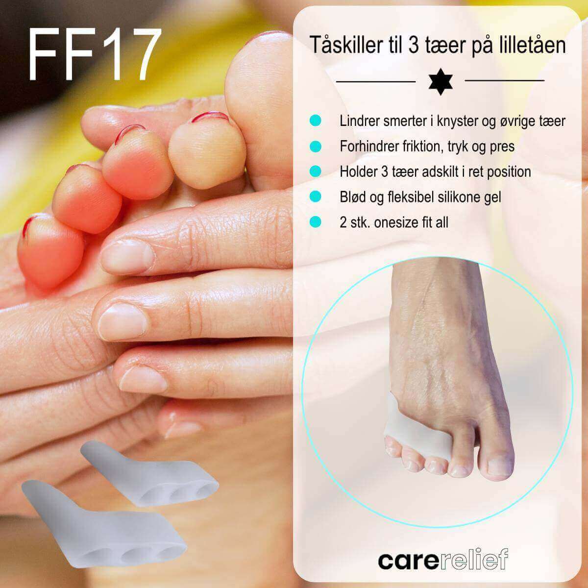 Silikone tåspreder giver støtte og lindring af smerter til knyster og 3 tæer på lilletå fra tryk og pres.2 stk. Køb silikone tåbeskytter mod skæv lilletå, hammertå og klotå billigt hos Carerelief.dk.