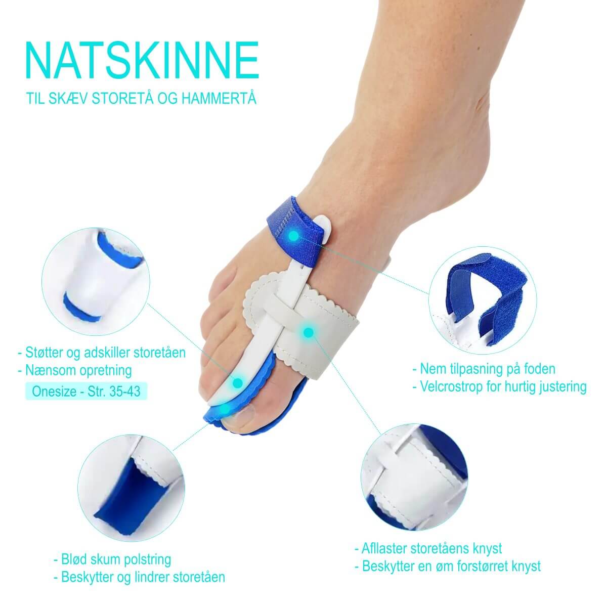 Natskinne til knyster og skæv storetå med blød polstring til tåkorrigering fra skæv storetå. Knyst skinne med velcro. 1 par.