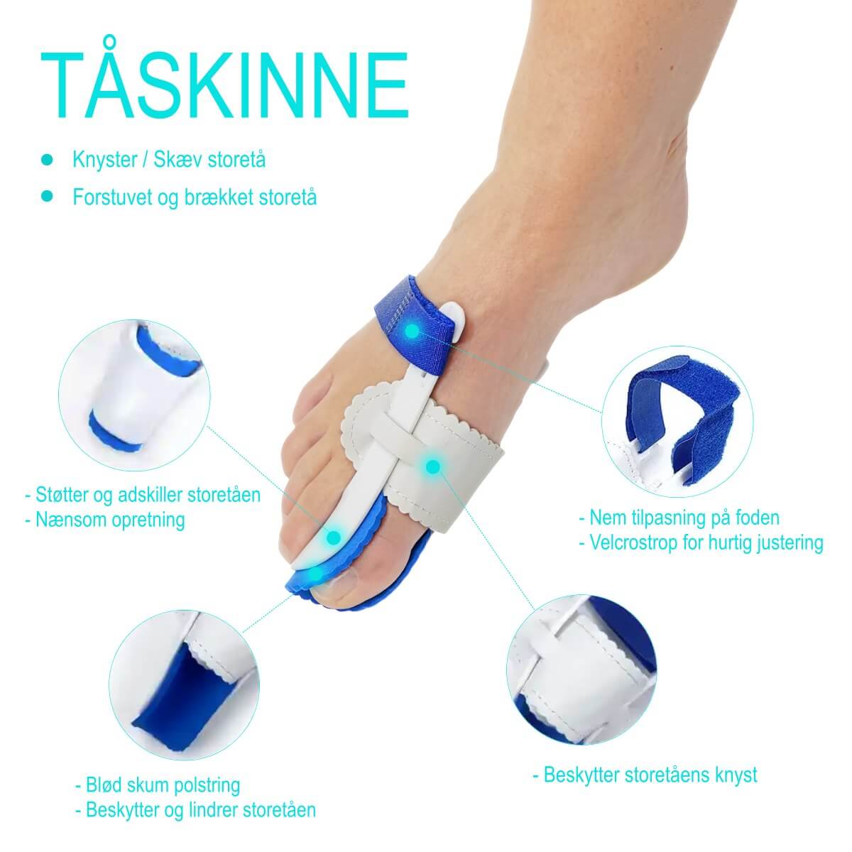 Natskinne med blød polstring til skæv storetå fra hallux Valgus og storetå brud. Køb 2 stk. storetå tåskinner billigt online hos Carerelief.dk