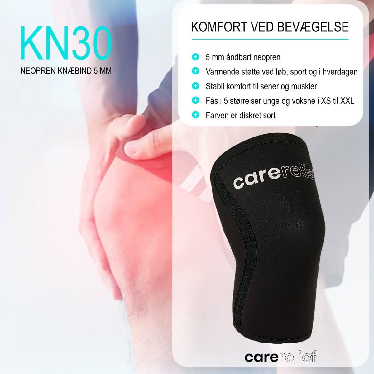 Neopren knæbind 5 mm black KN30 fra Carerelief giver støtte og varme til knæet ved løb, sport, træning og i hverdagen. Køb neopren knæbandage hos Carerelief.dk -Fås i str. XS til XXL.