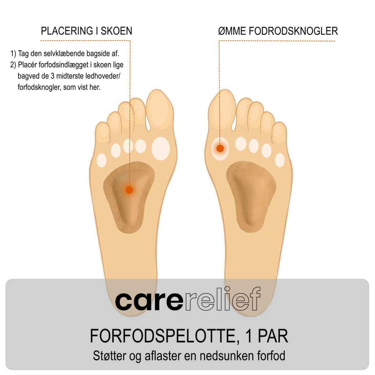 Forfodsindlæg t-pelotte  fra Carerelief - indlæg med forfodsløft til lindring af smerter under tæer og trædepude fra ømme fodrodsknogler