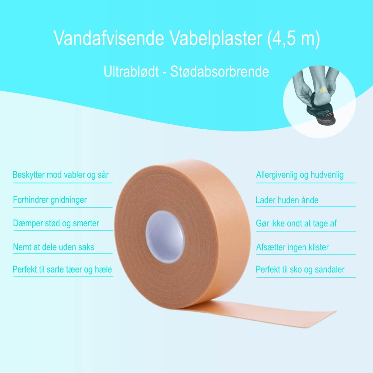 Åndbart plaster til sart hud på tæer, hæle og fingre. Komfortplaster på rulle til tæer, hæle og fingre – beskytter mod friktion, tryk og vabler ved løb og aktivitet