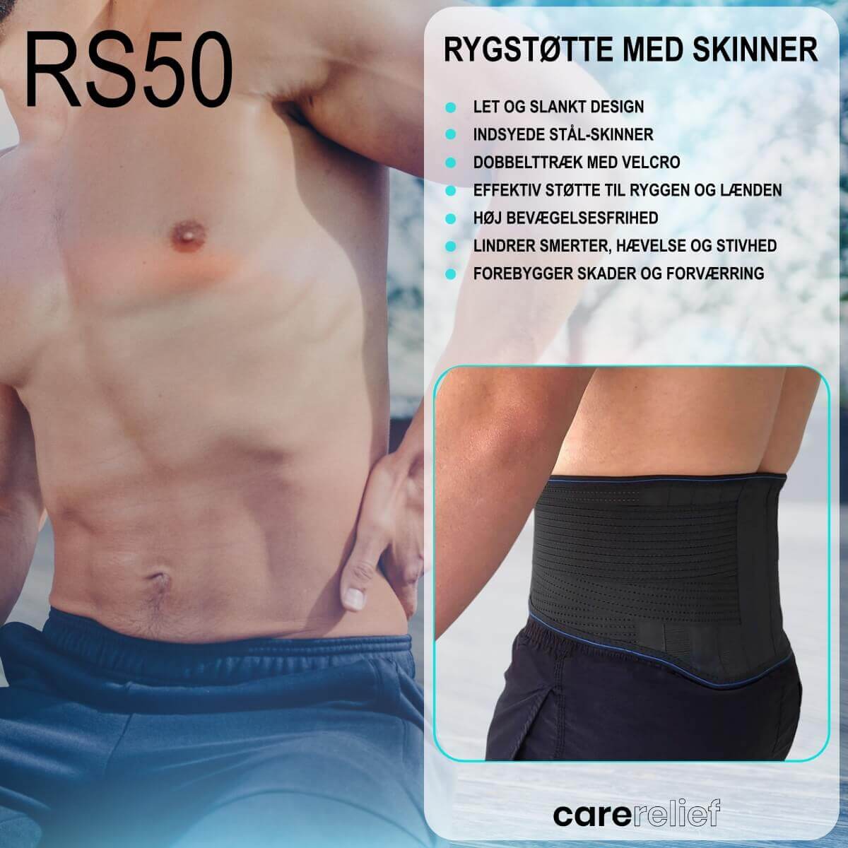 Rygstøtte bælte med skinner, komfort og støtte til lænd og ryg i lette materialer til mænd og kvinder hos Carerelief. Køb ryg støttebind mod rygsmerter og lændesmerter RS50, str. S, M, L, XL, XXL hos Carerelief.dk.