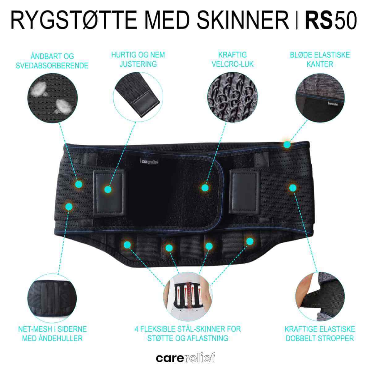 Rygstøtte med skinner RS50 Flex fra Carerelief er et  justerbart rygbælte i elastisk og åndbar kvalitet. Køb lændebælte stabil lændestøtte ved lændeproblemer, slid i lænden, belastning og ryghold.
