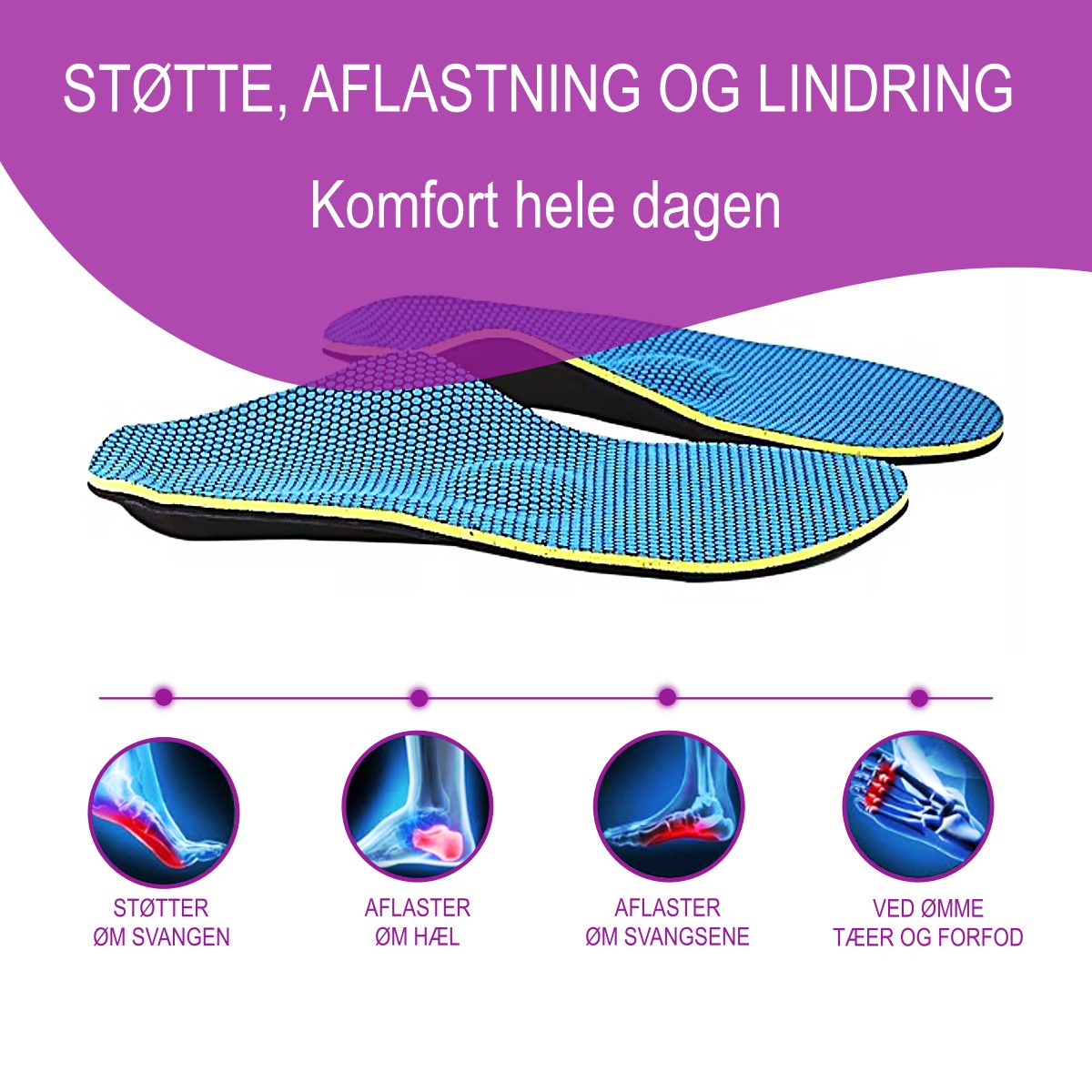 Komfort såler med svangstøtte, forfodsløft og foam hælstøtte, giver støtte og velvære til foden. Køb komfortable indlægsåler, der aflaster tæer, forfod, svang og hæl ved løb og gang i dine sko hos Carerelief.dk