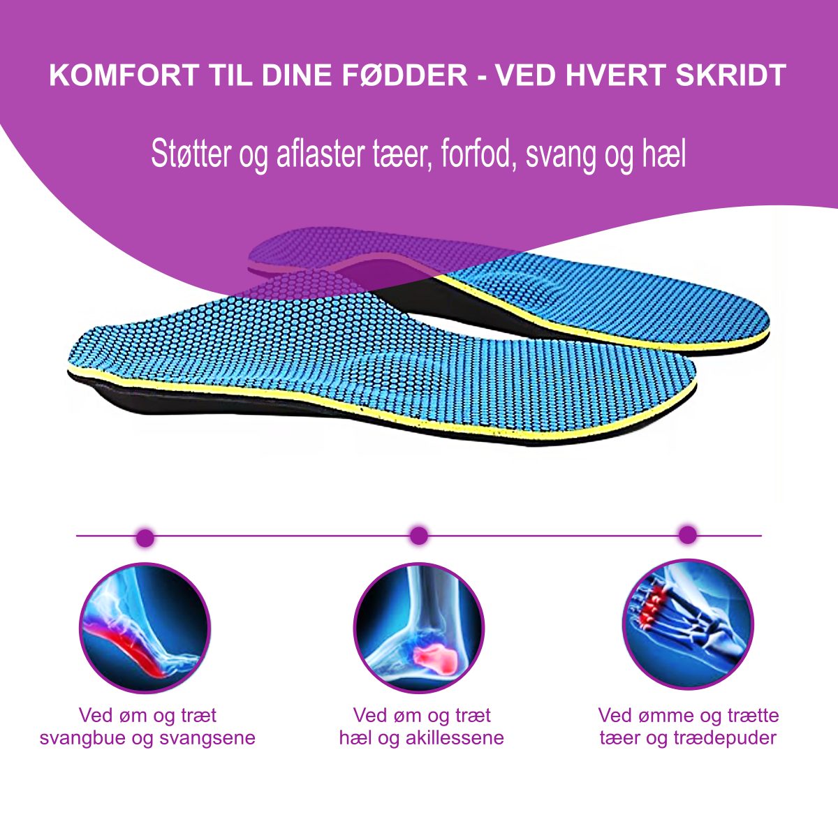 Komfort såler med svangstøtte giver støtte, løft og aflastning til tæer, forfod, svangbue og svangsene, hæl, hælpude og akillesene ved løb og gang. Køb komfort såler på carerelief.dk