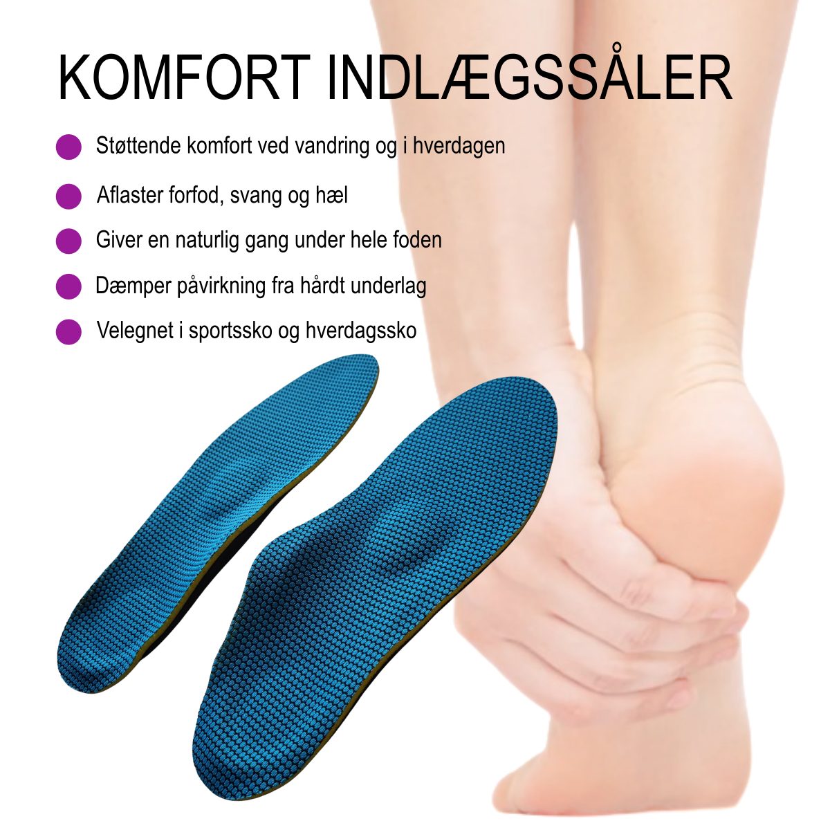 Stødabsorberende indlægssåler med svangstøtte. Oplev  komfort med støtte og aflastning til forfod, svang, svangsene, hæl og skillessene i dine sko. Køb 1 par komfort arch support såler til løb og gang hos Carerelief.dk.